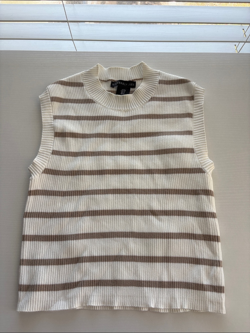 Sincerly Jules Cream & Taupe Striped Ribbed Sleeveless Mock Neck Top